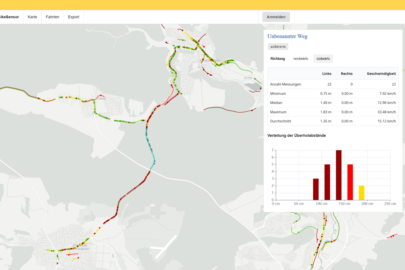 OpenBikeSensor Abstandsmessungen, Landkreis Heidenheim