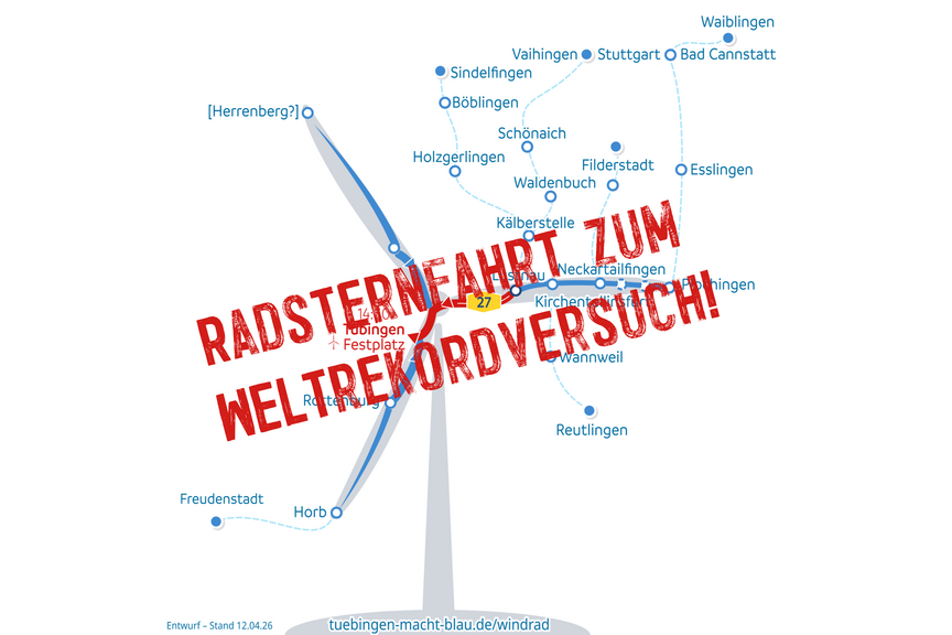 Sternfahrt - Lebendiges Windrad Tübingen schematische Darstellung der Routen der Radsternfahrt nach Tübingen