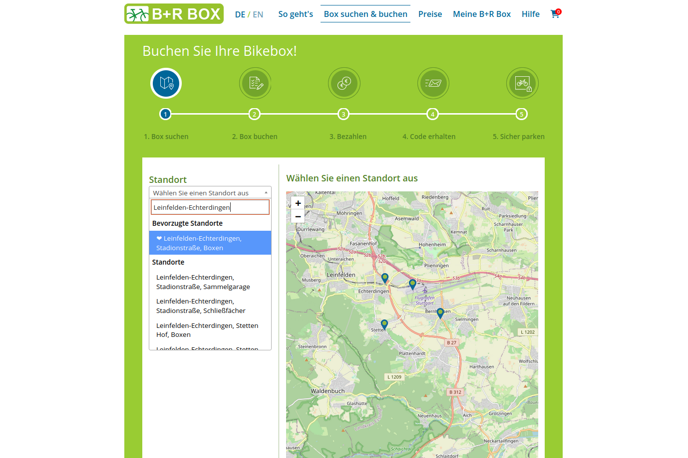 B+R-Box Buchung: Auswahl des Standorts