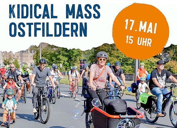 Plakat KidicalMass Ostfildern. 17.Mai 15:00. Zu sehen ist eine Gruppe von großen und kleinen Radler*Innen