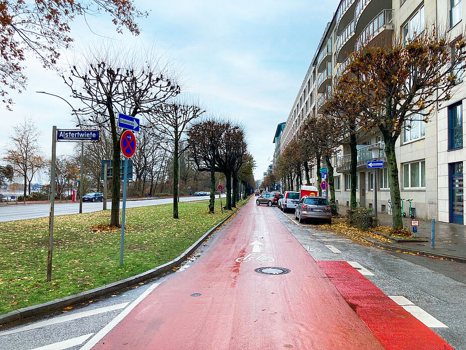 Fahrradstraße an der Alster in Hamburg getrennte Fahrradstraße im Winter