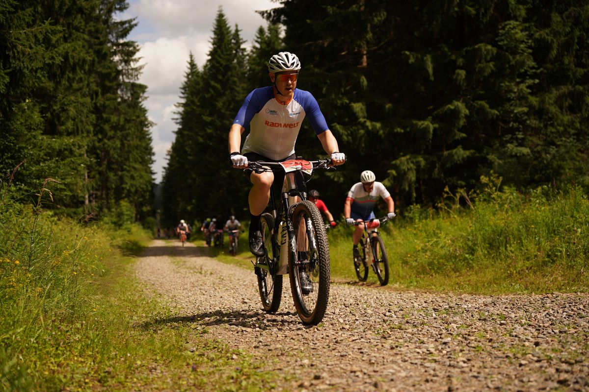 Mehrere Mountainbiker fahren einen Schotteranstieg hinauf. 